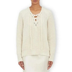Nili Lotan Cashmere Alix Lace-Up V-Neck Sweater Cream Size XL